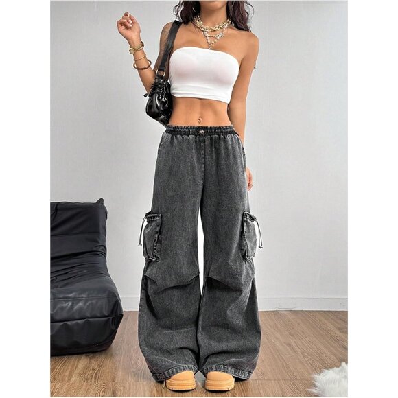 Trendy Women's Y2K Wide Leg Baggy Jeans with Drawstring & Pockets - Size L - Picture 4 of 5